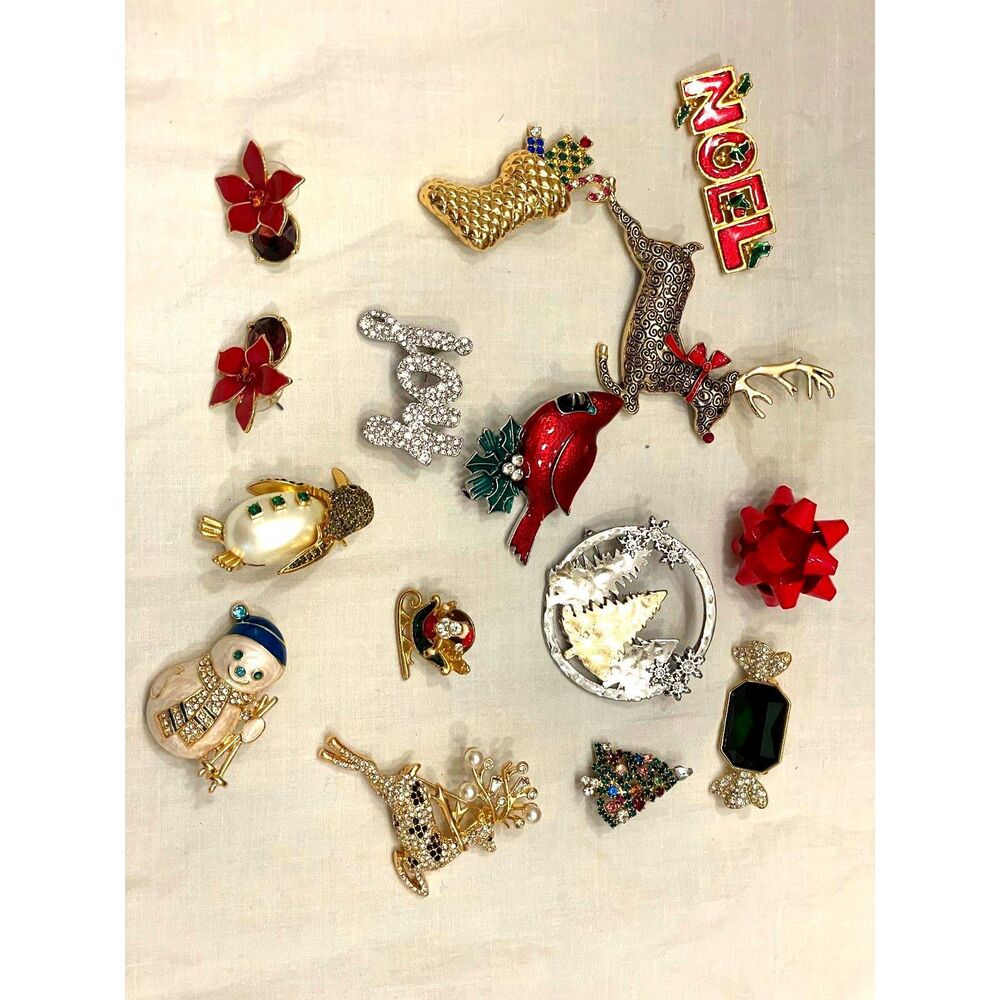 Lot of 13 Holiday brooches and pins and 1earring set
